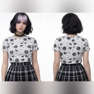 Whimsical celestial goth Black White Graphic baby tee sun moon butterfly grunge